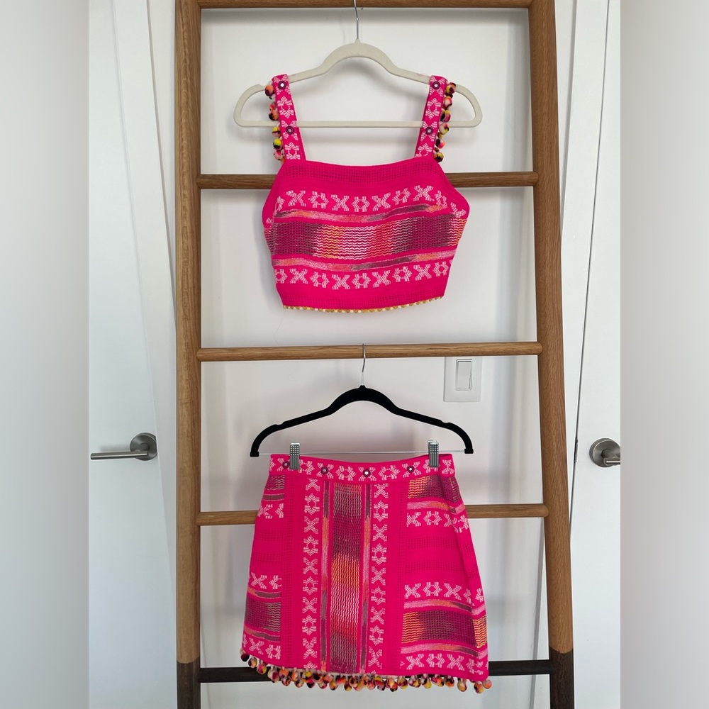 Saylor, two-piece neon pink set with tassels